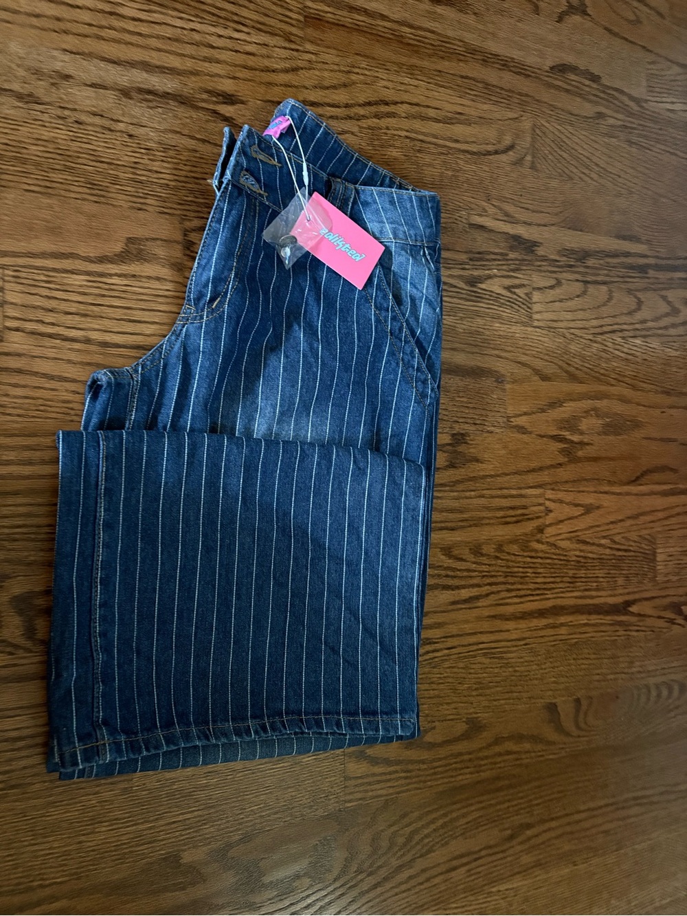 Edikted Navy Pinstripe Bootcut Jeans